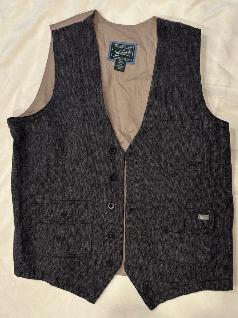 Woolrich Gray Herringbone Wool Vest with Tan Lining